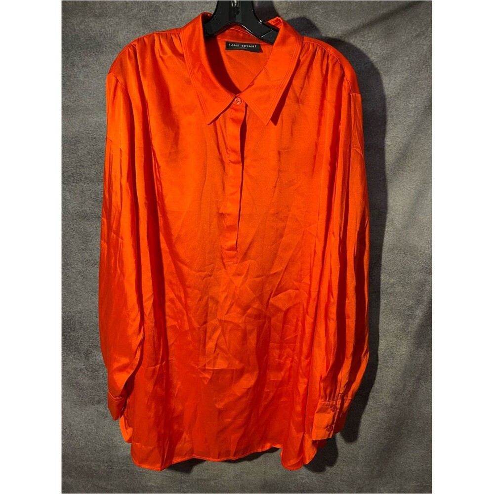 Lane Bryant Satin Long Sleeve Pullover Blouse Orange Collared Shirt Sz 26